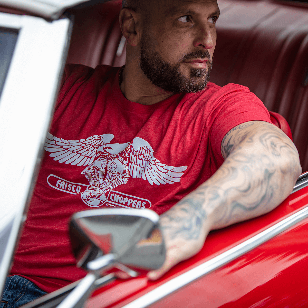 オールドスクールフリスコ チョッパーズTシャツ – レッド – Frisco